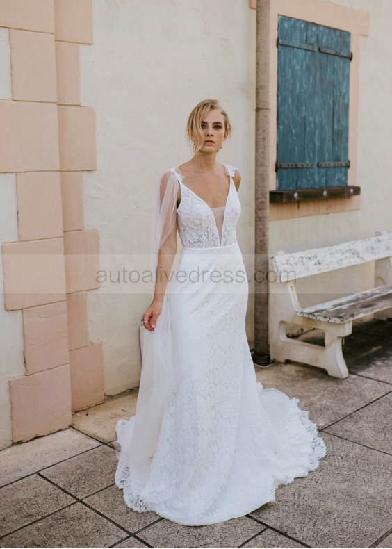 Ivory Full Lace Romantic Wedding Dress With Shoulder Wings Ivory Full Lace Romantic Wedding Dress With Shoulder Wings